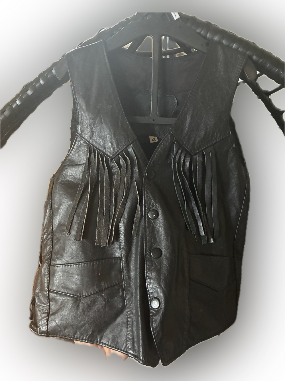 Kids Black Leather Fringe Vest - handmade/handpainted